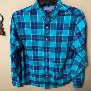 American Eagle Mens Prep Fit Navy & Teal Plaid Long Sleeve Button Shirt Size L